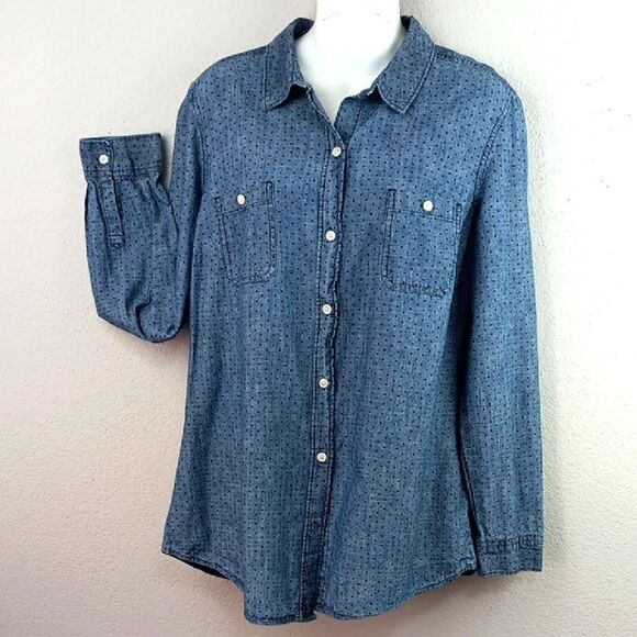 Old Navy Blue Polka Dot longsleeve button-down Blouse western, beach sz L - Picture 1 of 12